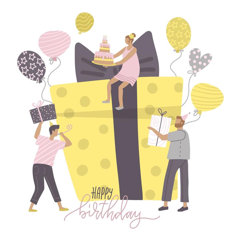 Greeting card - Happy Birthday party celebration with friends. Happy tiny people characters blow their whistles, giving gifts, dance, celebrate holiday around a big gift box. Flat vector illustration.