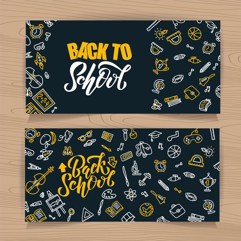 Back to school vector sketch lettering and hand drawn school stationery. Set of Black board backgrounds with outline doodle school supplies icons. Design for poster, banner, school or education theme.