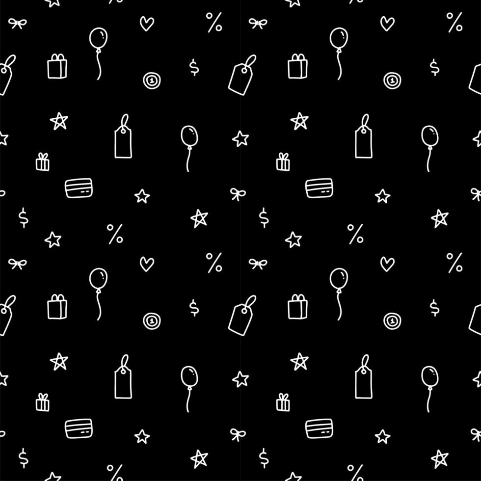 Sale shopping pattern seamless background flat linear art vector texture. Black Friday shop store present paper wrapping template. Shopping line elements - tag, balloon, stars.