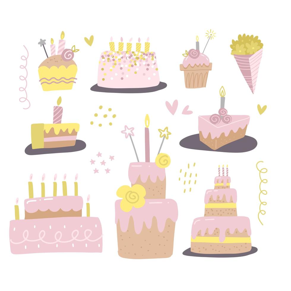 Set of different cakes with candles. Design for birthday greeting card, gift tag, . Hand drawn vector illustration in flat style.
