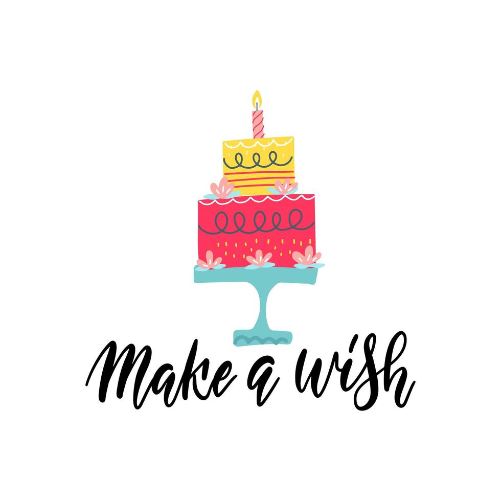 Make a wish - hand letteing. Happy birthday cake with candles on stand. Print with inspirational and motivational quote. vector
