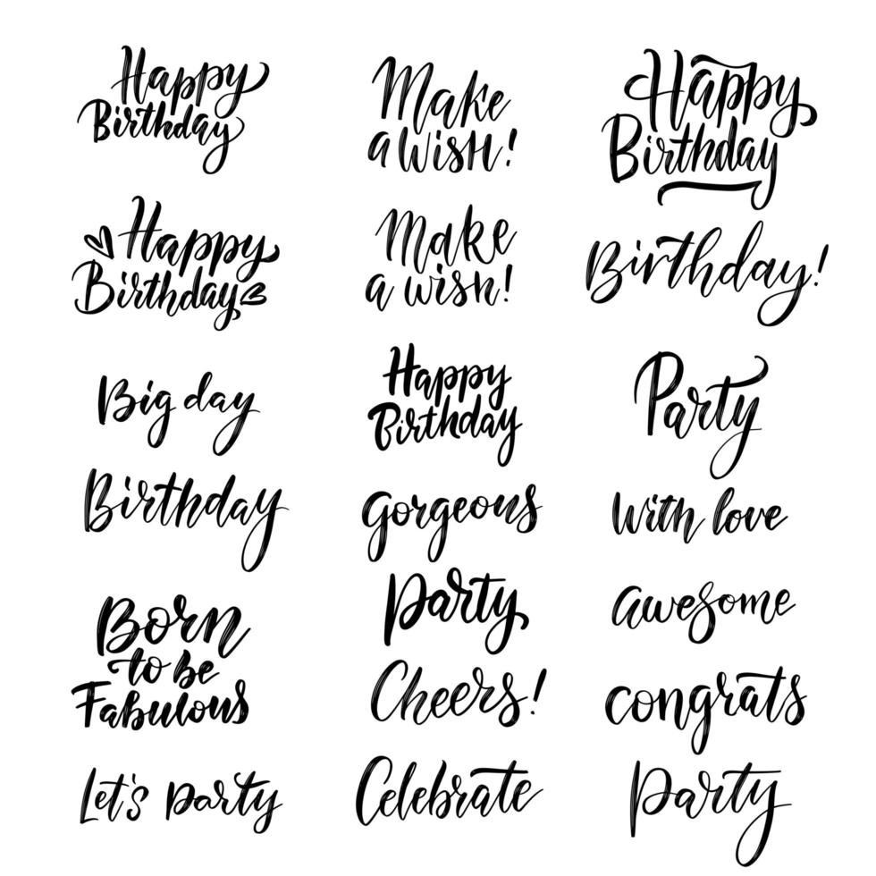 colección de letras de feliz cumpleaños manuscritas vectoriales - gran día, felicitaciones, fiesta, aplausos, etc. juego de caligrafía de pincel negro para tarjetas de felicitación, carteles, etc. vector