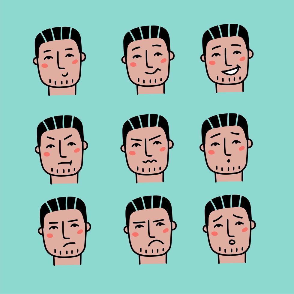 Face expressions of handsome man with dark hair. Nine different male emotions set. Young guy doodle cartoon character. Vector hand drawn illustration isolated on white background.