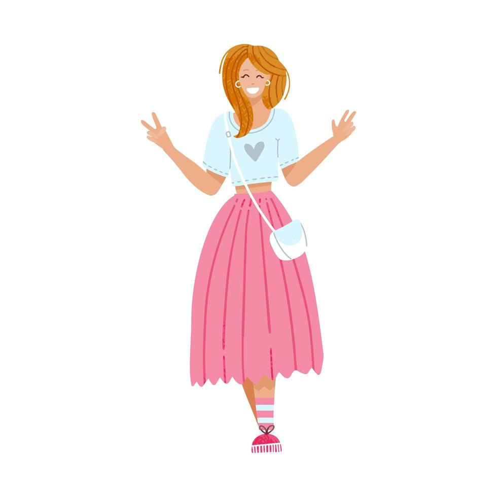 Fashionable girl in pink skirt showing a hand gesture of the victory sign. Isolated hand drawn flat vector illustration