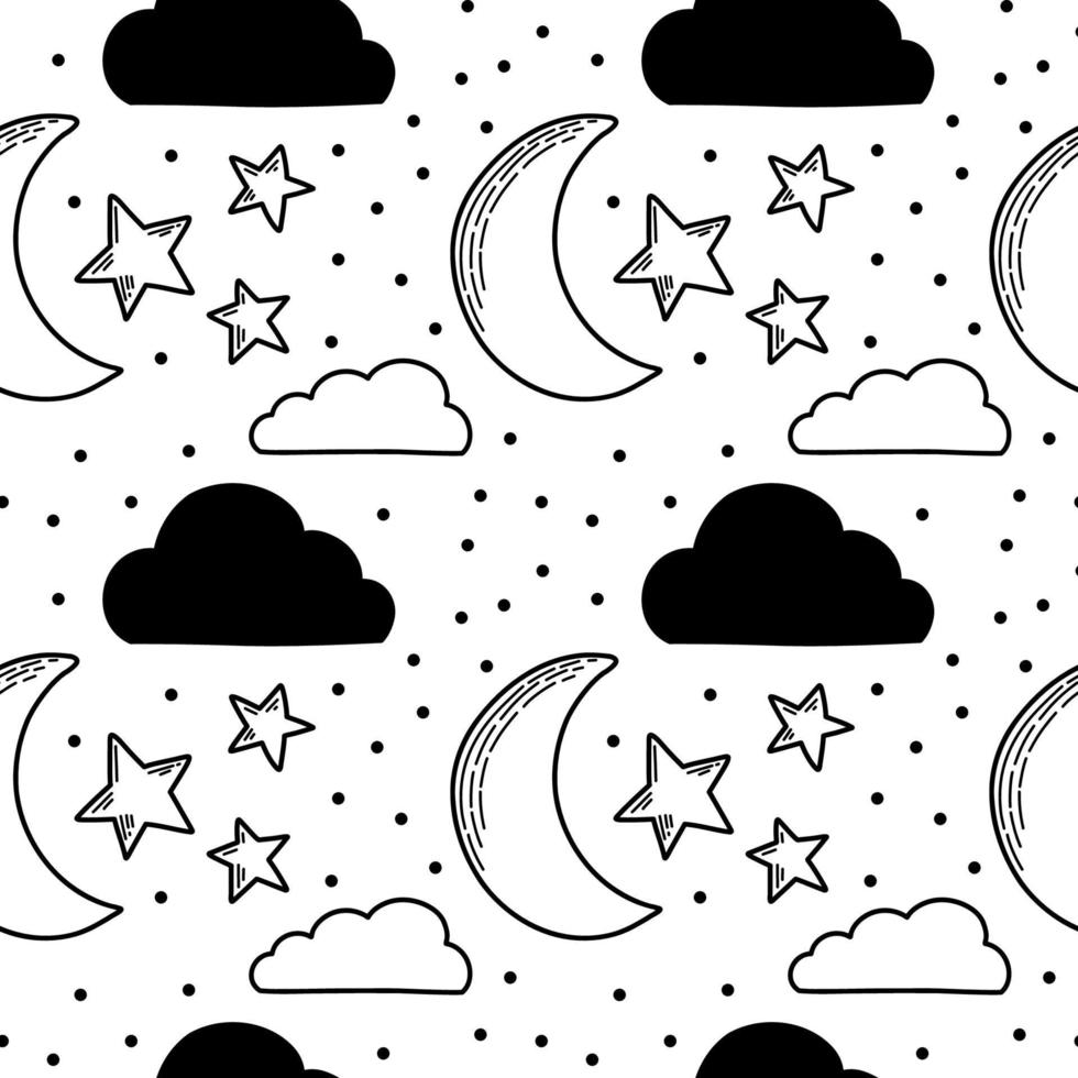 Vector seamless pattern. Clouds, rain, drops, tears, rainbow, stars, the Sun, Moon, heart. Weather at the day or night. Hand drawn in doodle style. Lovely background for printing on paper or fabric.
