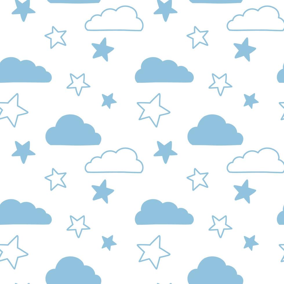 Vector seamless pattern. Clouds, rain, drops, tears, rainbow, stars, the Sun, Moon, heart. Weather at the day or night. Hand drawn in doodle style. Lovely background for printing on paper or fabric.