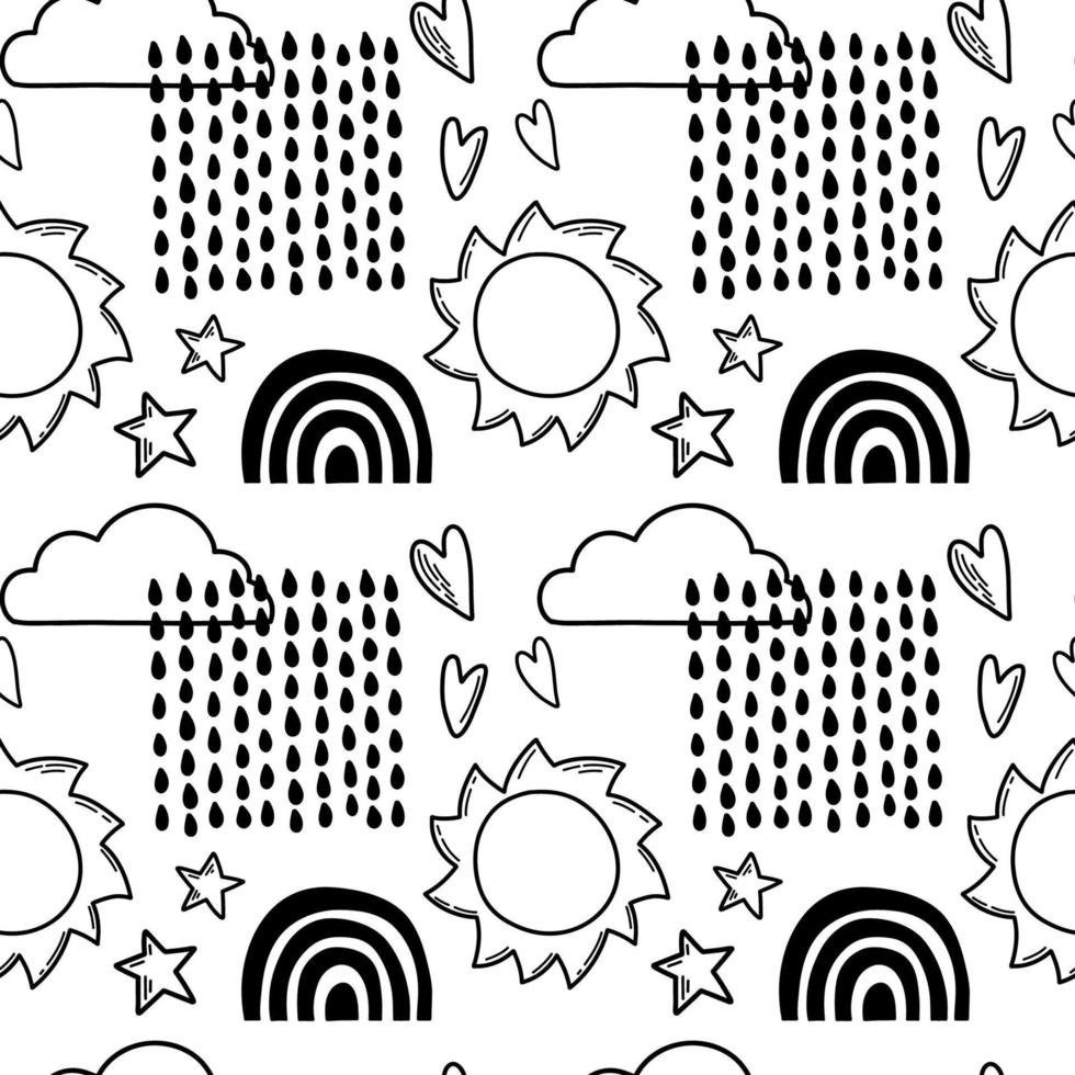 Vector seamless pattern. Clouds, rain, drops, tears, rainbow, stars, the Sun, Moon, heart. Weather at the day or night. Hand drawn in doodle style. Lovely background for printing on paper or fabric.