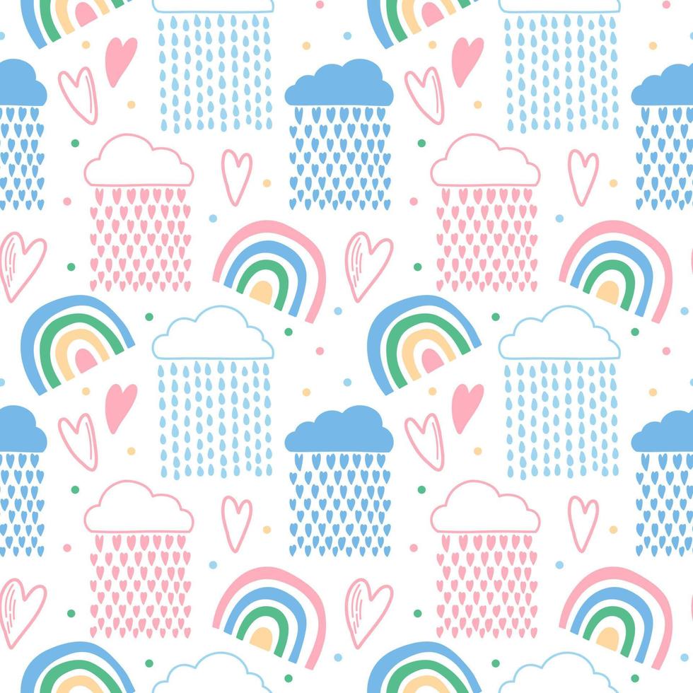 Vector seamless pattern. Clouds, rain, drops, tears, rainbow, stars, the Sun, Moon, heart. Weather at the day or night. Hand drawn in doodle style. Lovely background for printing on paper or fabric.