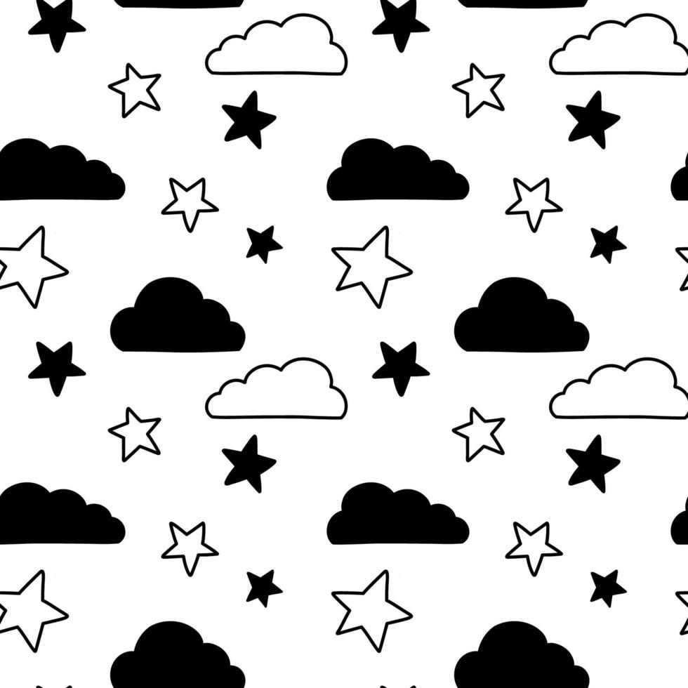 Vector seamless pattern. Clouds, rain, drops, tears, rainbow, stars, the Sun, Moon, heart. Weather at the day or night. Hand drawn in doodle style. Lovely background for printing on paper or fabric.