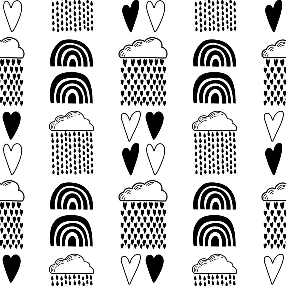 Vector seamless pattern. Clouds, rain, drops, tears, rainbow, stars, the Sun, Moon, heart. Weather at the day or night. Hand drawn in doodle style. Lovely background for printing on paper or fabric.