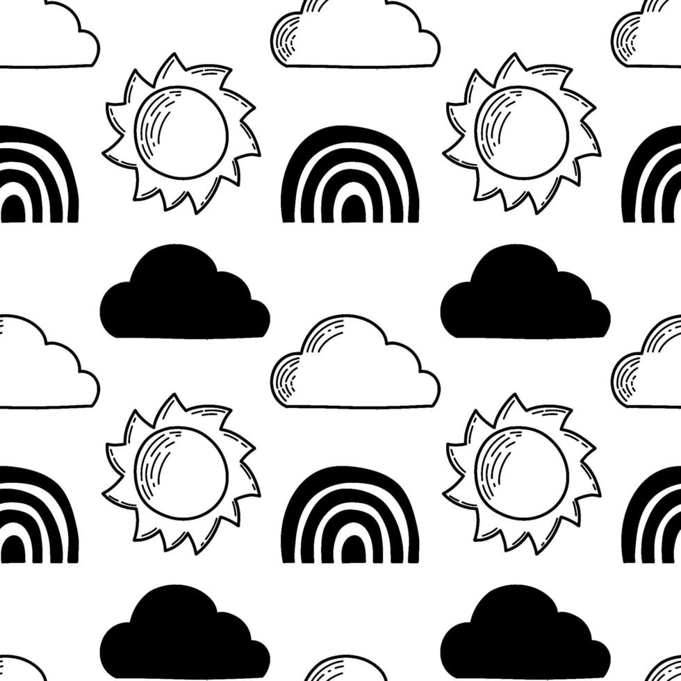 Vector seamless pattern. Clouds, rain, drops, tears, rainbow, stars, the Sun, Moon, heart. Weather at the day or night. Hand drawn in doodle style. Lovely background for printing on paper or fabric.