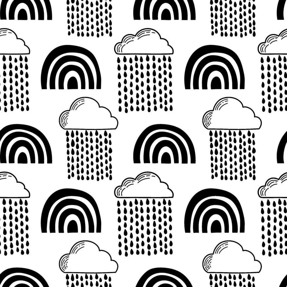 Vector seamless pattern. Clouds, rain, drops, tears, rainbow, stars, the Sun, Moon, heart. Weather at the day or night. Hand drawn in doodle style. Lovely background for printing on paper or fabric.