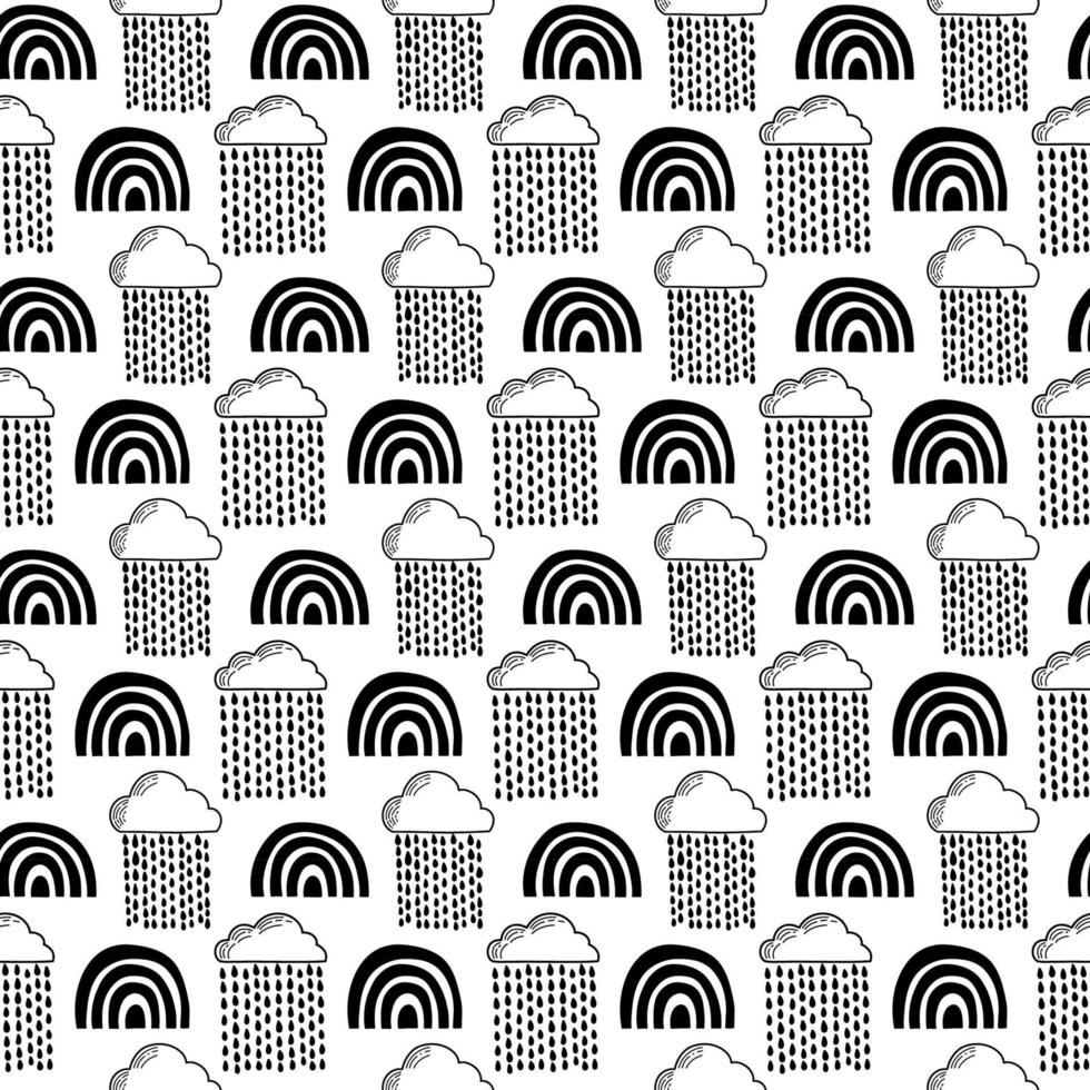 Vector seamless pattern. Clouds, rain, drops, tears, rainbow, stars, the Sun, Moon, heart. Weather at the day or night. Hand drawn in doodle style. Lovely background for printing on paper or fabric.