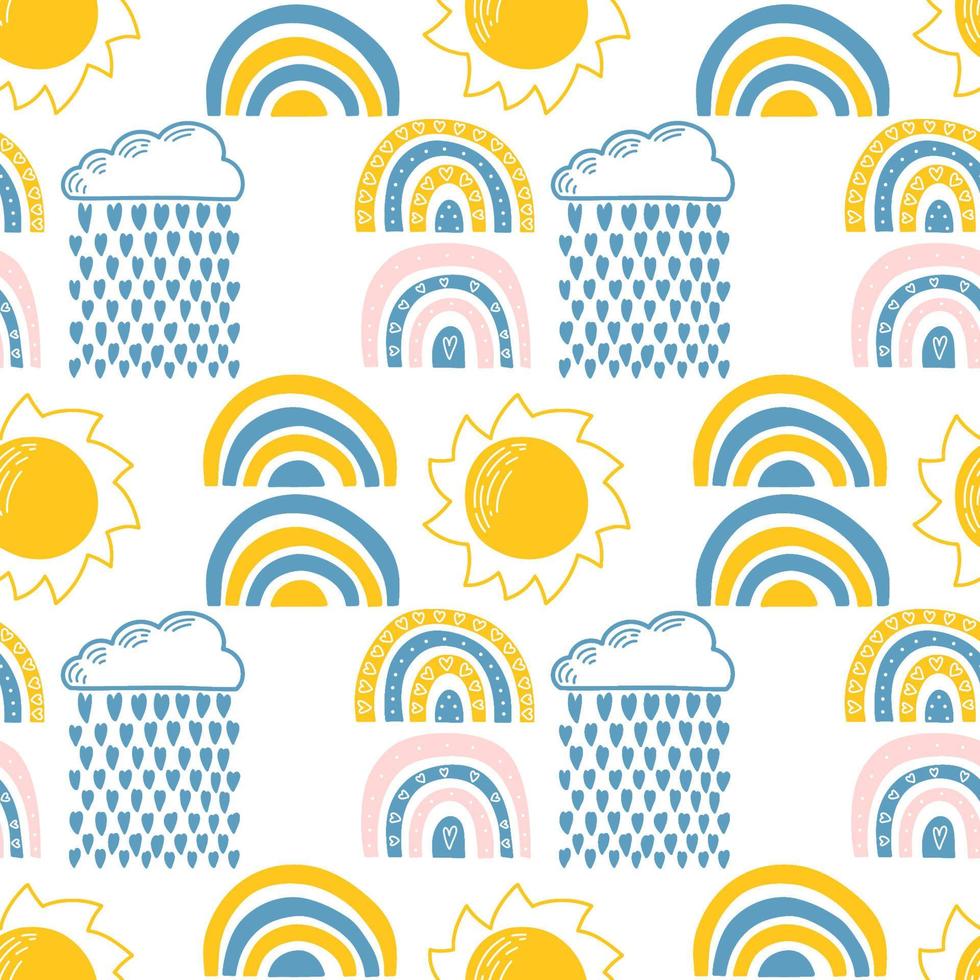 Vector seamless pattern. Clouds, rain, drops, tears, rainbow, stars, the Sun, Moon, heart. Weather at the day or night. Hand drawn in doodle style. Lovely background for printing on paper or fabric.