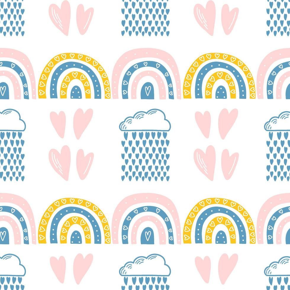 Vector seamless pattern. Clouds, rain, drops, tears, rainbow, stars, the Sun, Moon, heart. Weather at the day or night. Hand drawn in doodle style. Lovely background for printing on paper or fabric.