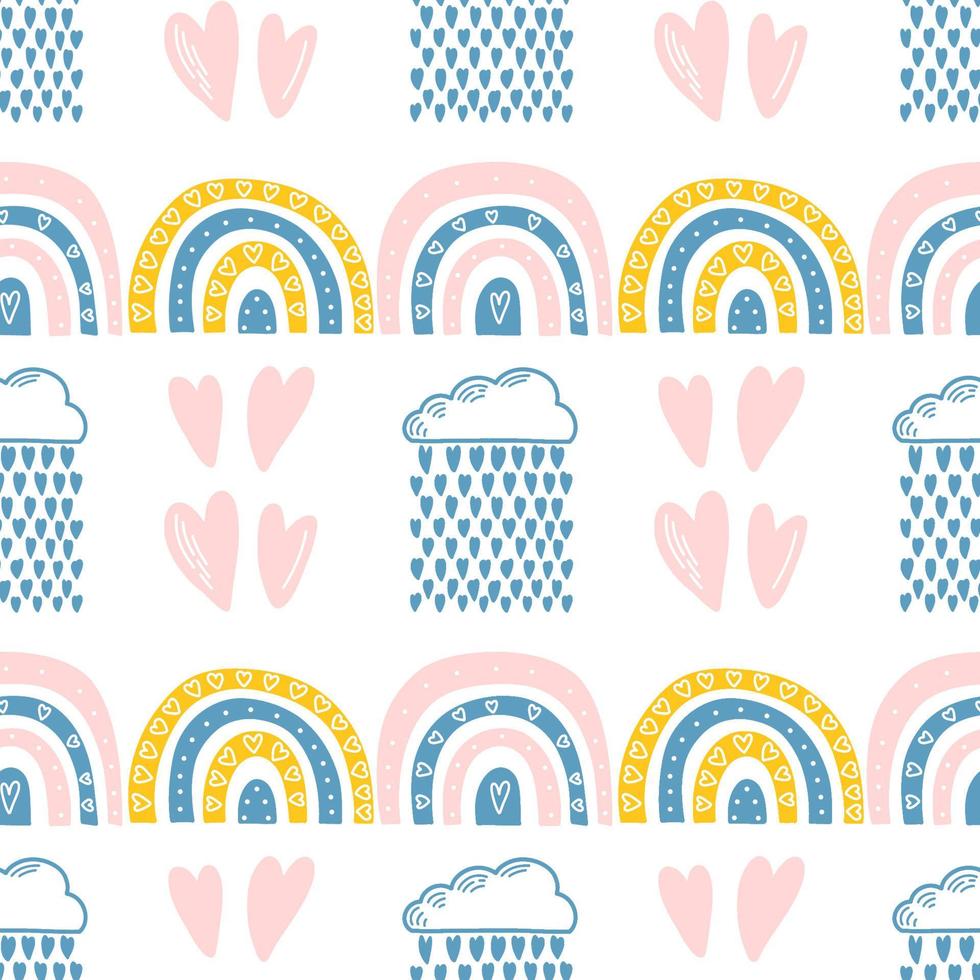 Vector seamless pattern. Clouds, rain, drops, tears, rainbow, stars, the Sun, Moon, heart. Weather at the day or night. Hand drawn in doodle style. Lovely background for printing on paper or fabric.