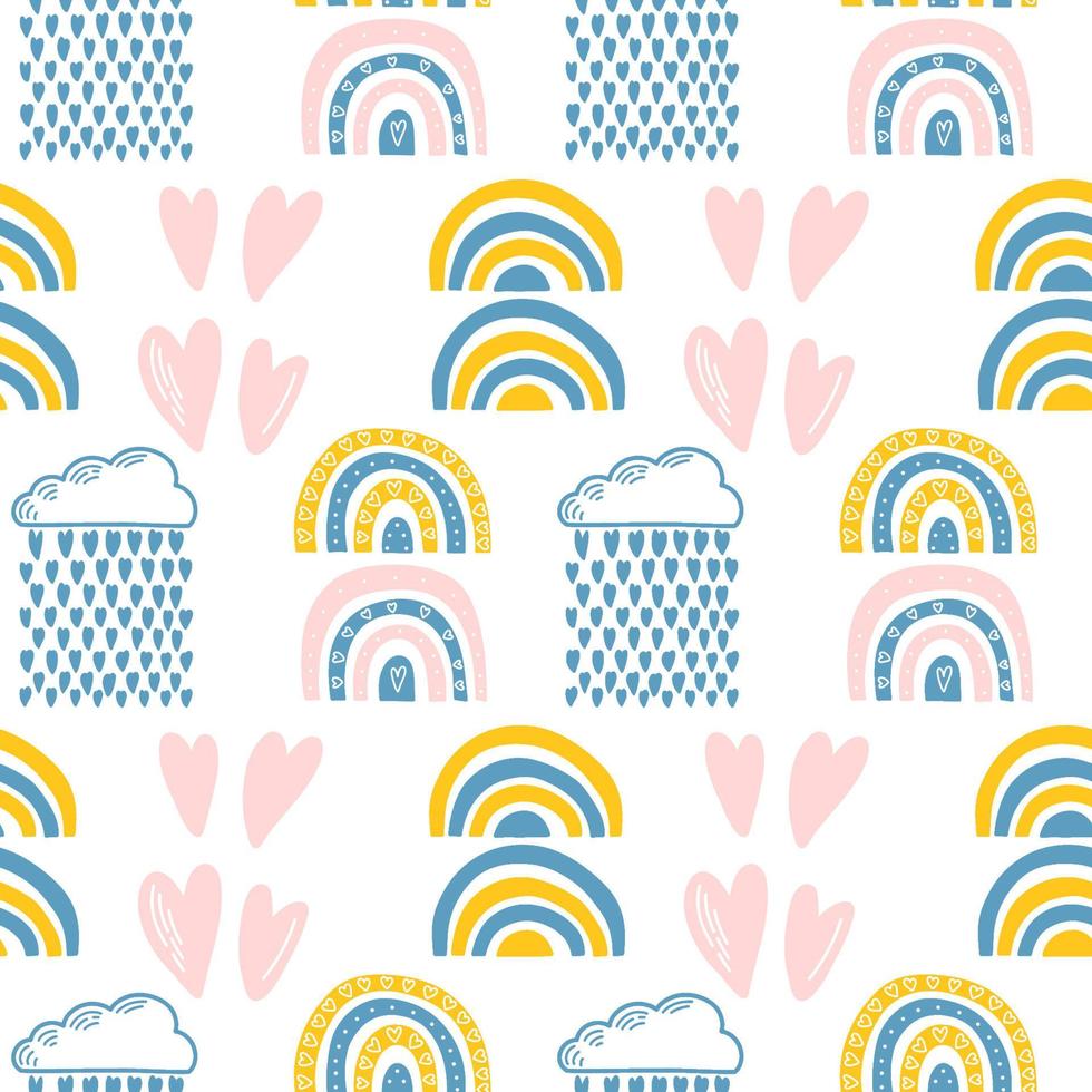 Vector seamless pattern. Clouds, rain, drops, tears, rainbow, stars, the Sun, Moon, heart. Weather at the day or night. Hand drawn in doodle style. Lovely background for printing on paper or fabric.
