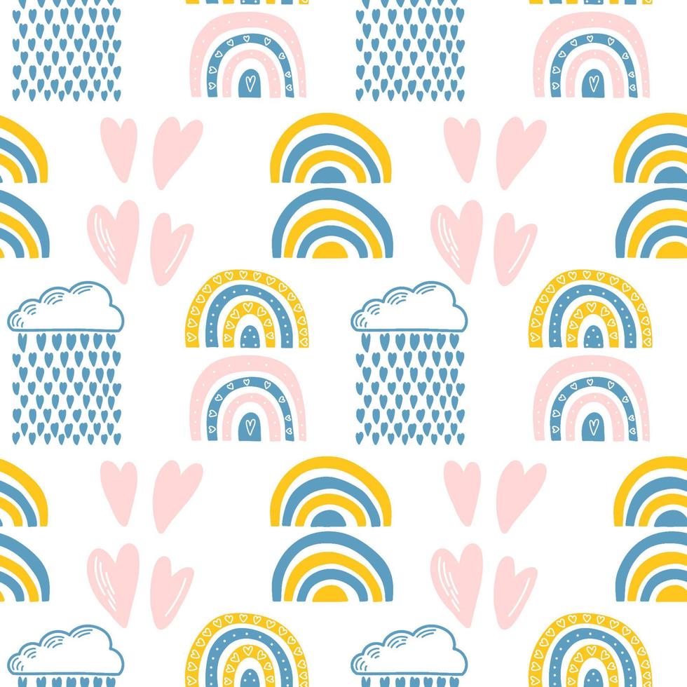 Vector seamless pattern. Clouds, rain, drops, tears, rainbow, stars, the Sun, Moon, heart. Weather at the day or night. Hand drawn in doodle style. Lovely background for printing on paper or fabric.