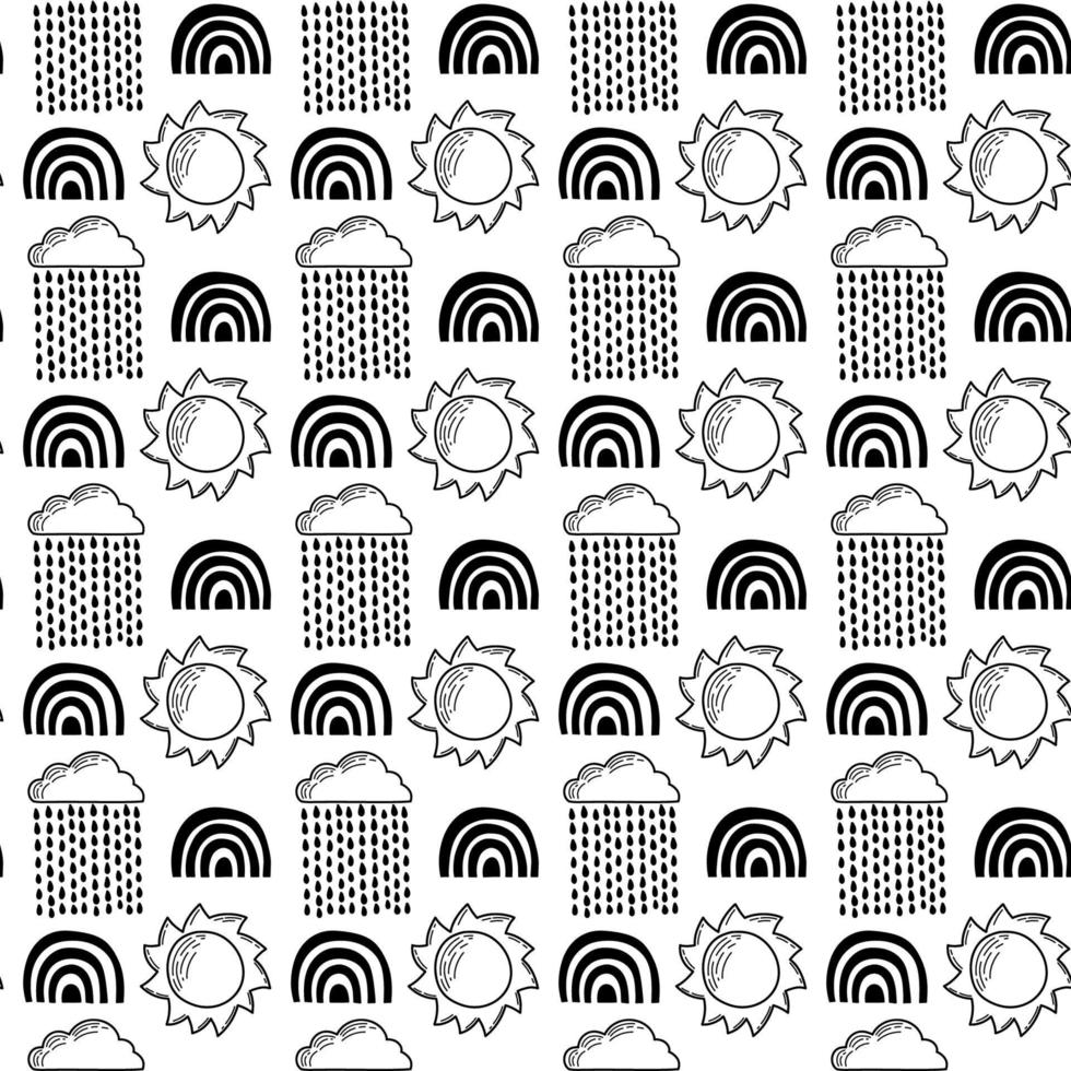 Vector seamless pattern. Clouds, rain, drops, tears, rainbow, stars, the Sun, Moon, heart. Weather at the day or night. Hand drawn in doodle style. Lovely background for printing on paper or fabric.