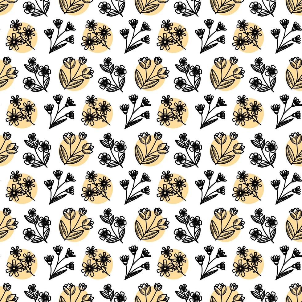 Vector seamless pattern Flowers, stem, leaf, petals, ribbons, hearts Botanical vintage illustration. Bouquet of plants Floral repatitive ornament for background, printing on fabric, paper, wallpaper