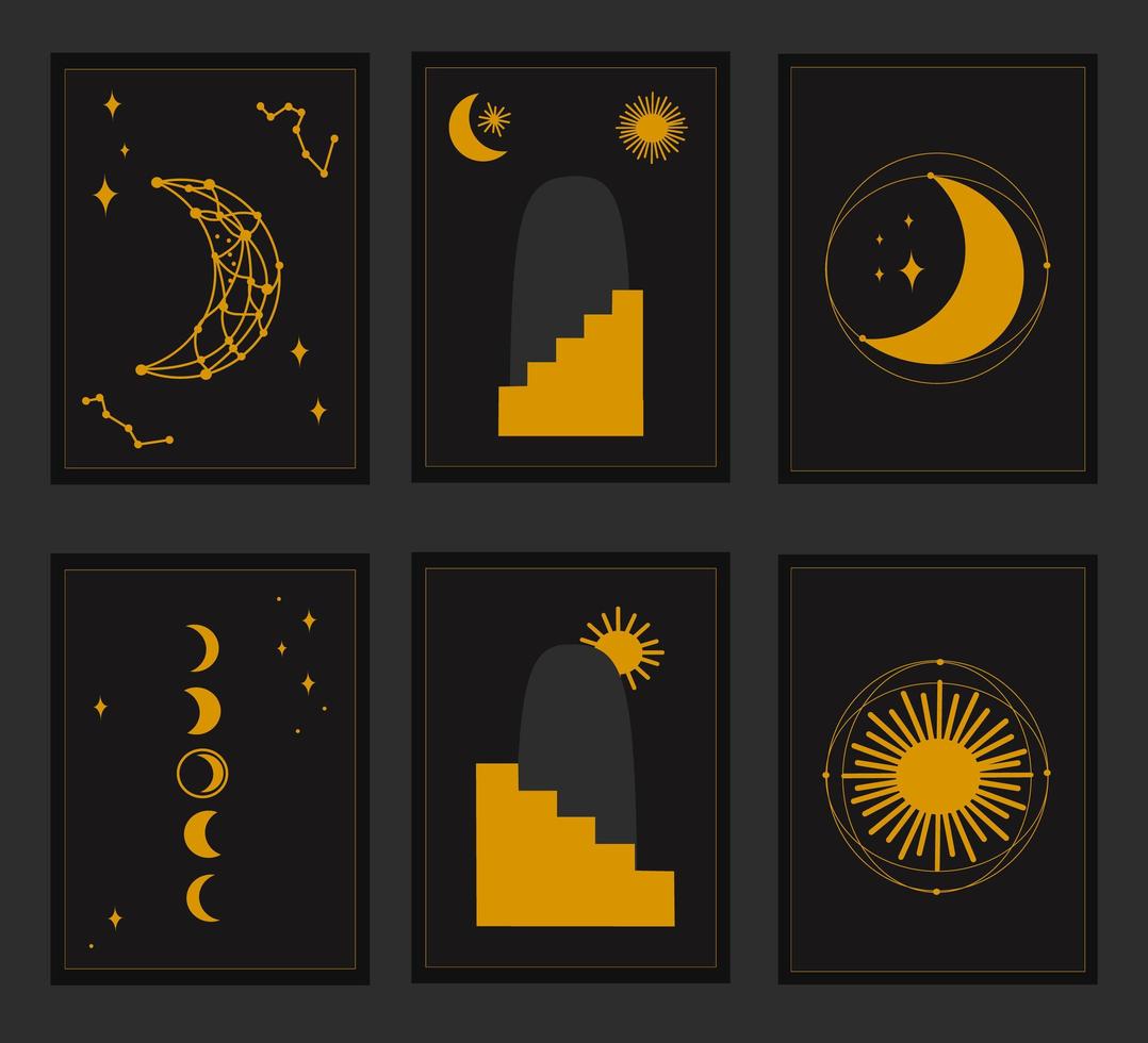 conjunto de carteles mágicos, elementos místicos. símbolos de la luna y el sol espirituales. diseño de afiches sobre astrología o geometría sagrada. vector