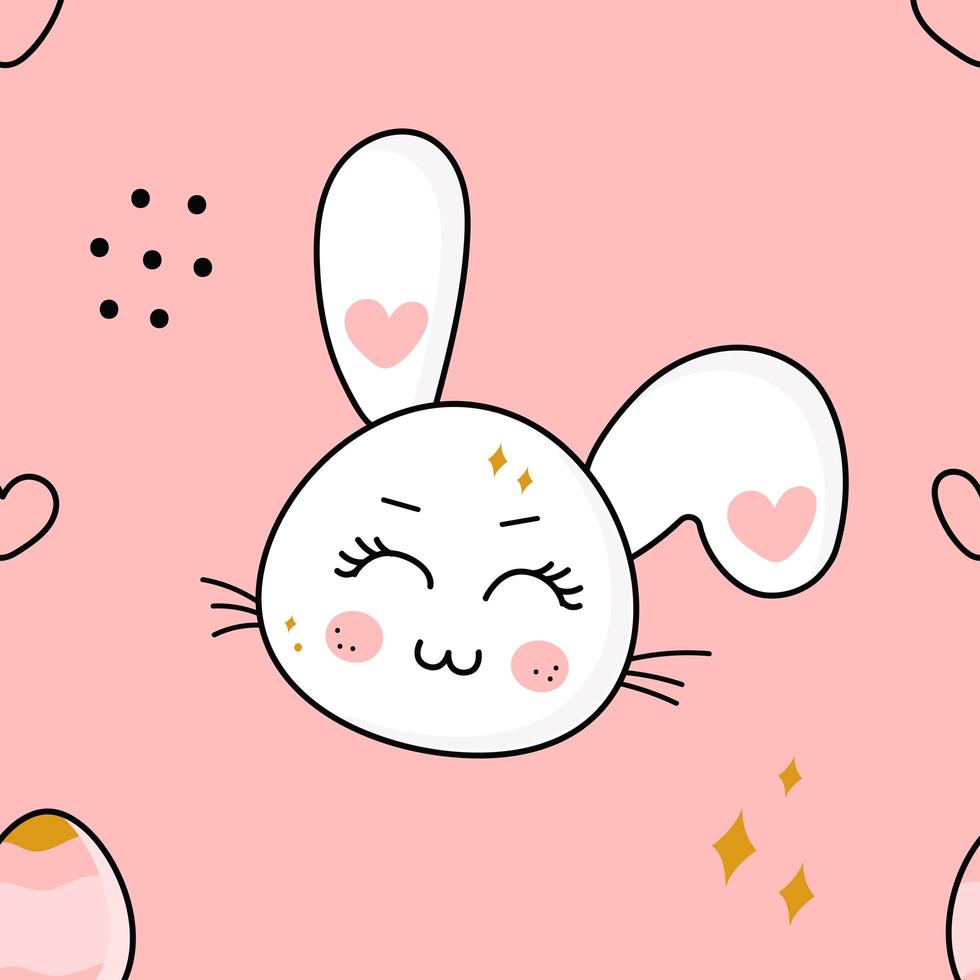 Cute kawaii rabbit seamless pattern, Easter bunny with egg, hearts, vector illustration pattern for print