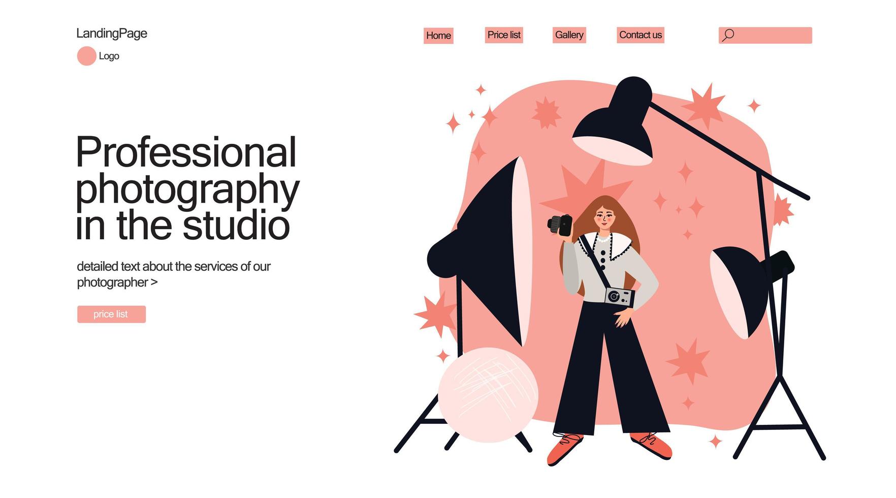 The photographer's website or landing page. Professional photographer with a camera in a studio with softboxes vector
