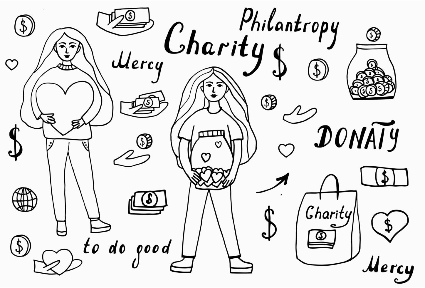 Doodle vector line icons set of charity, giving help and donating money