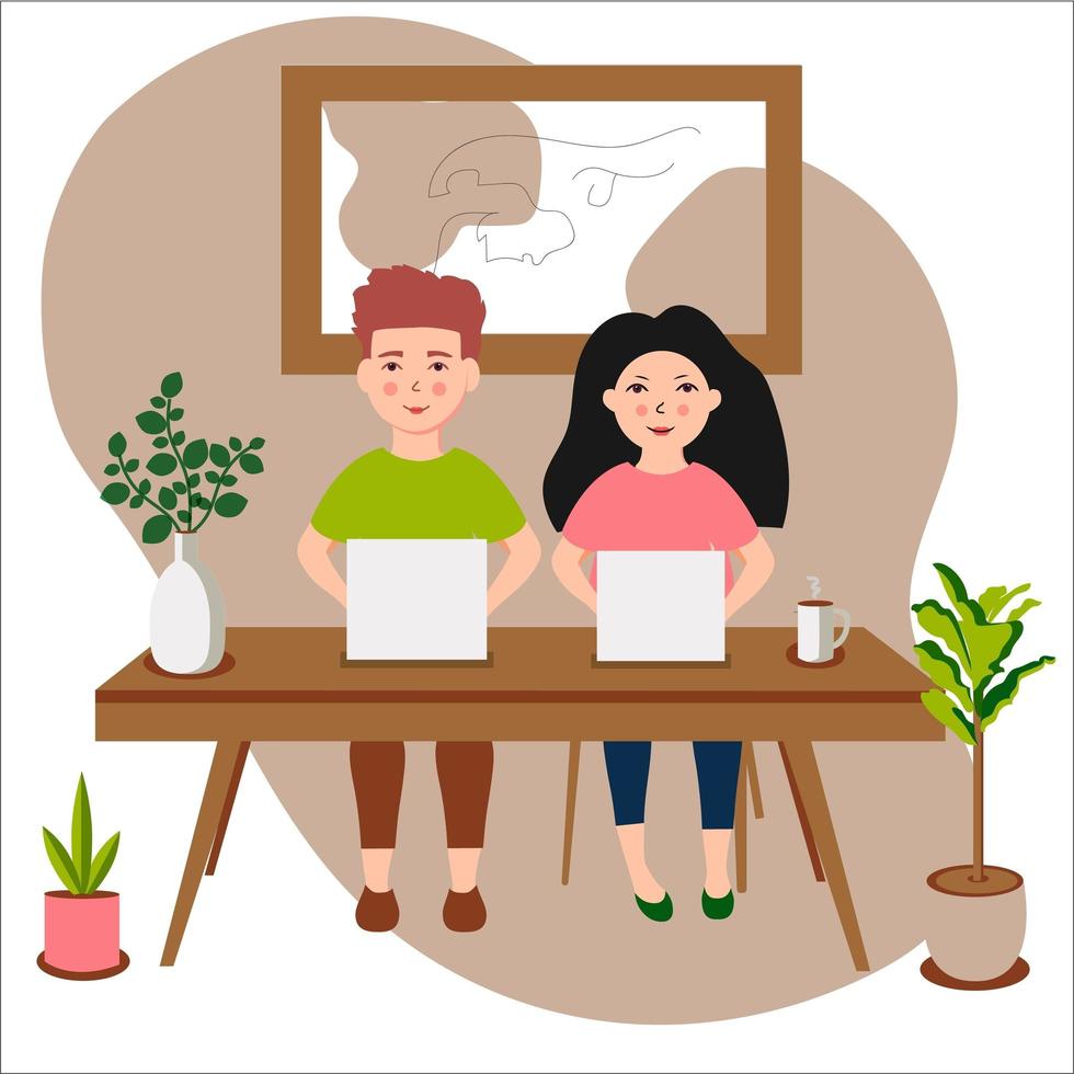 cute cartoon illustration of young girl and boy with laptop vector
