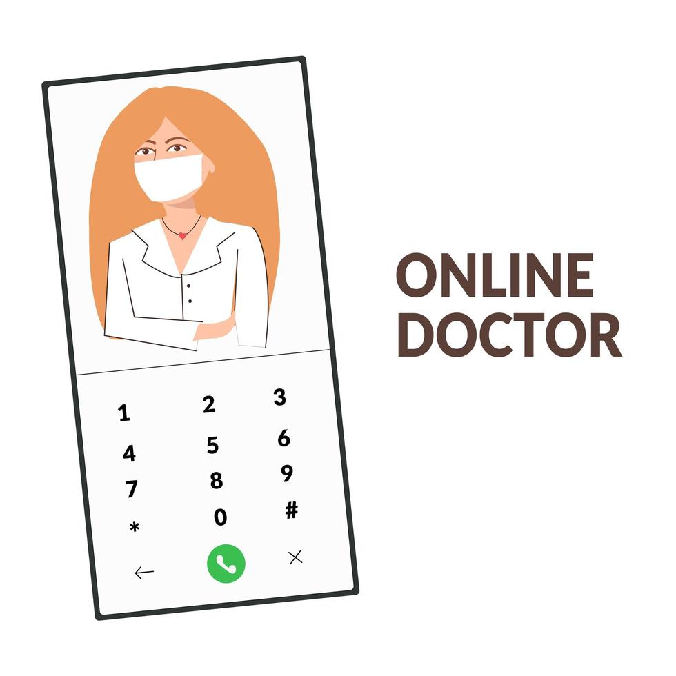 médico en línea mujeres rubias con máscara médica. médico videollamadas en un teléfono inteligente. servicios medicos en linea vector