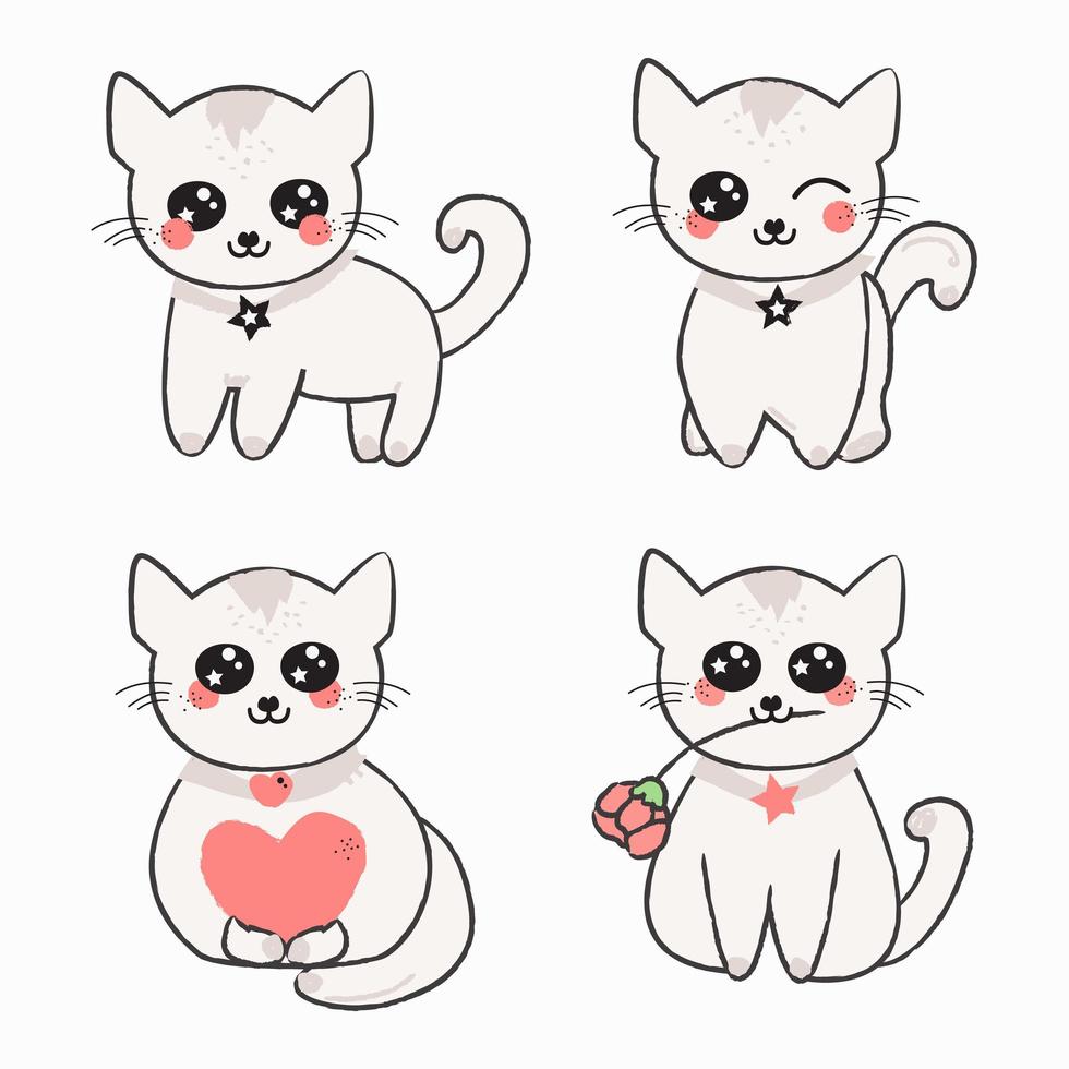 Set of four kawaii cute white cats in different poses. vector