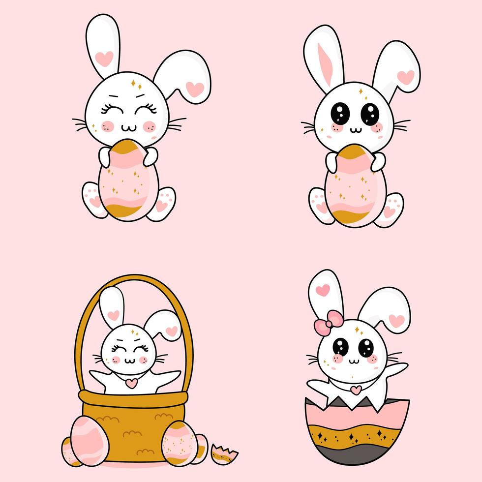 Cute kawaii bunnies. Images for Easter, St. Patrick's Day, etc. Vector kawaii cartoon set.