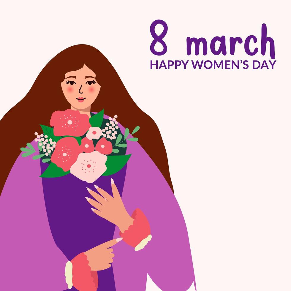 Beautiful woman holds a bouquet of spring flowers in her hands. Vector concept for Mother's Day, Valentine's Day, Women's Day on March 8