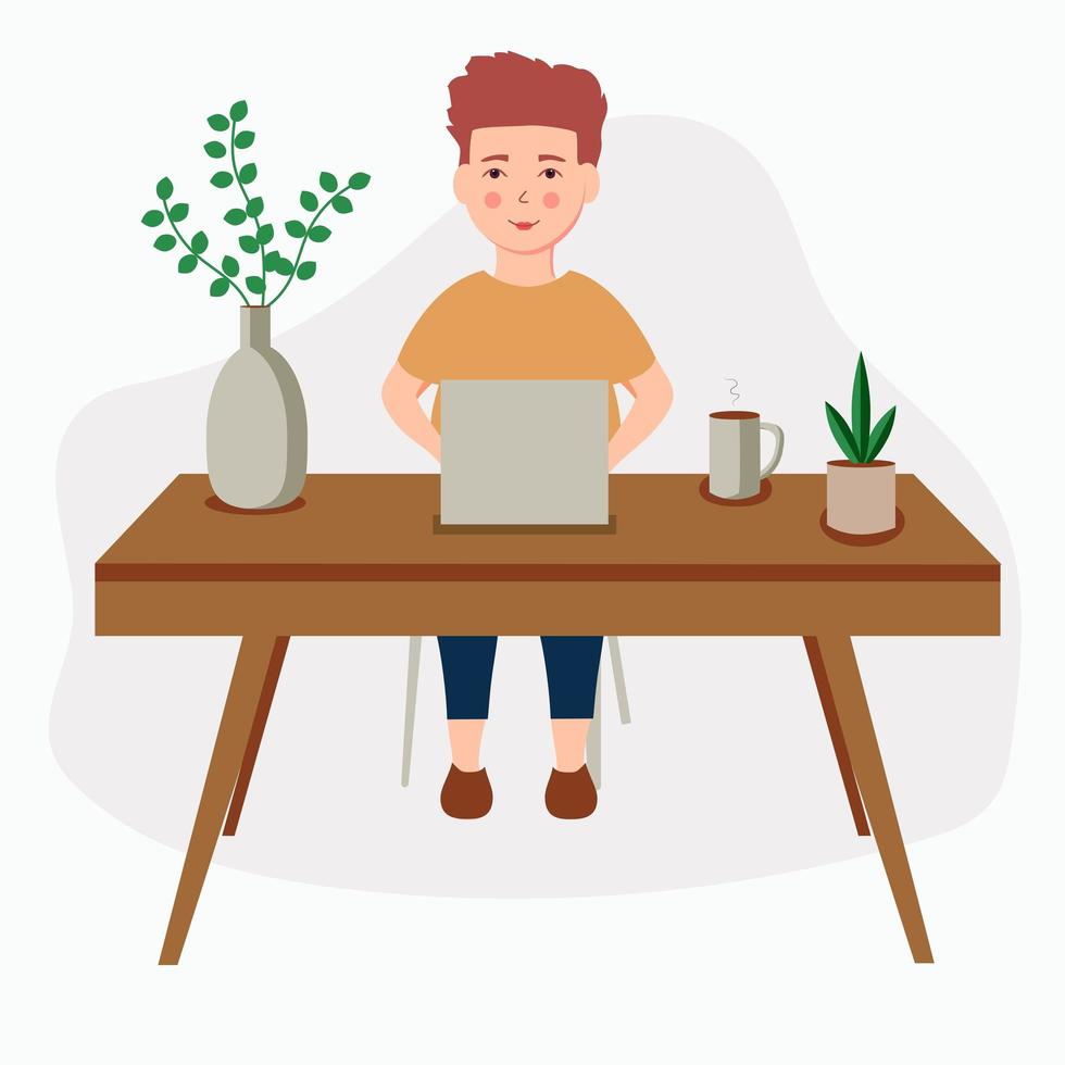 Man in casual outfit sitting home in comfortable armchair and browsing or working on laptop at his laps. Flat style color modern vector illustration