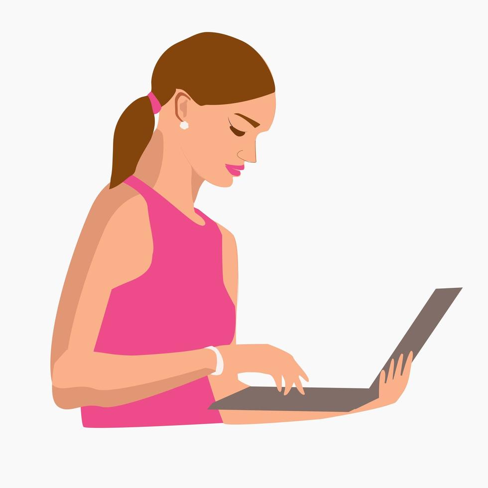 Business woman at the desk is working on the laptop computer. Vector illustration in flat style.