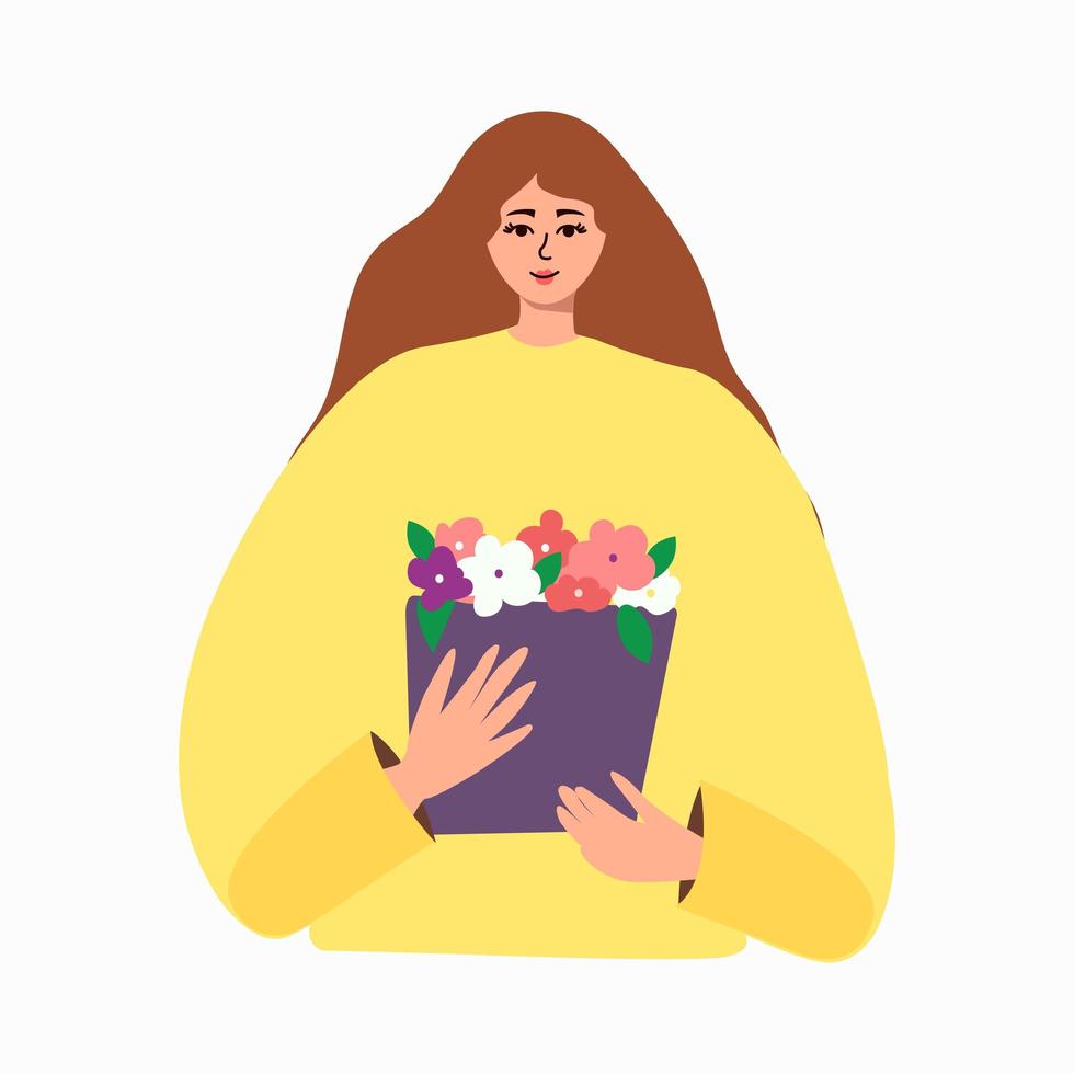 hermosa mujer sostiene un ramo de flores de primavera en sus manos vector