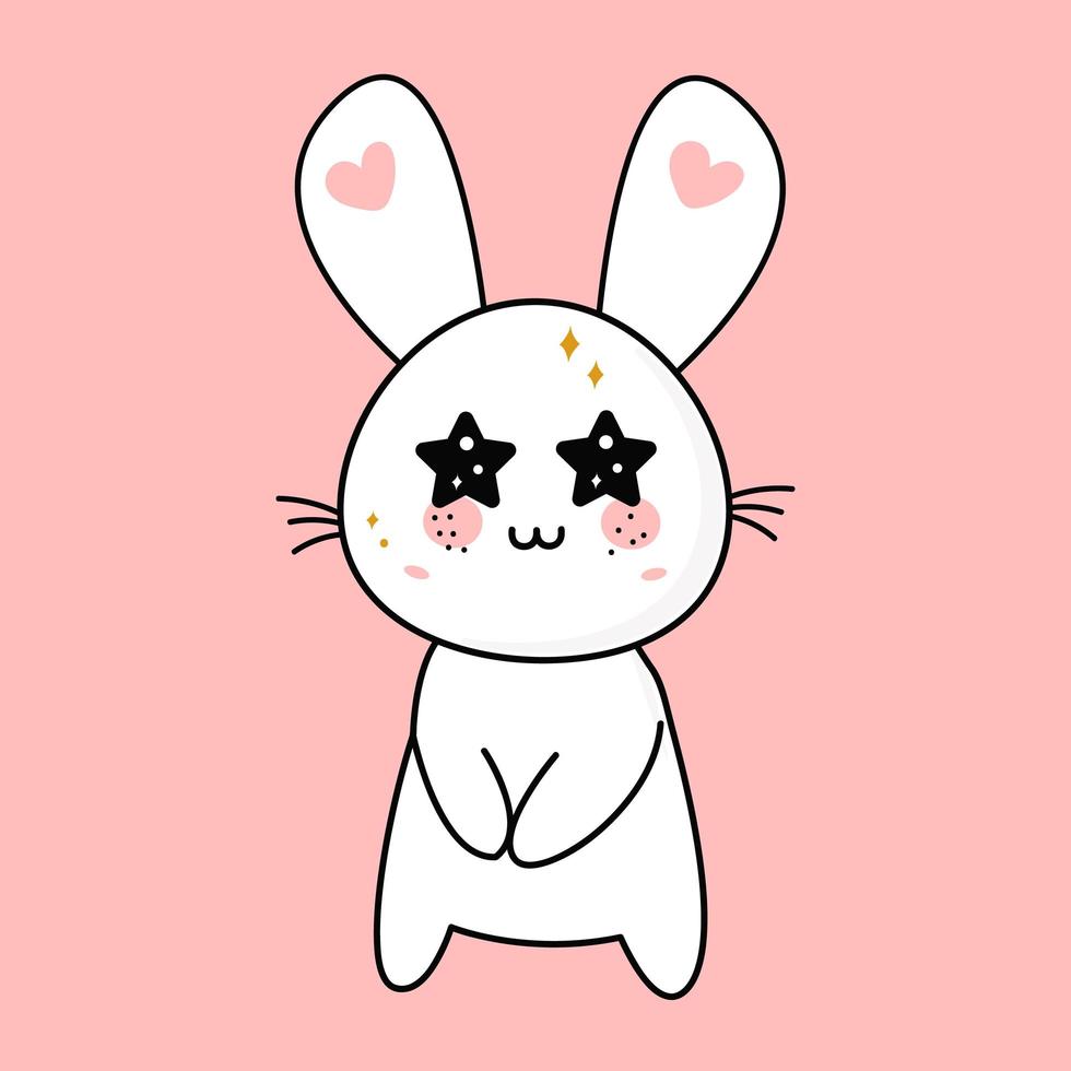 lindo conejo kawaii sorprendido con ojos de estrella, mascota. ilustración vectorial plana de un icono de personaje vector