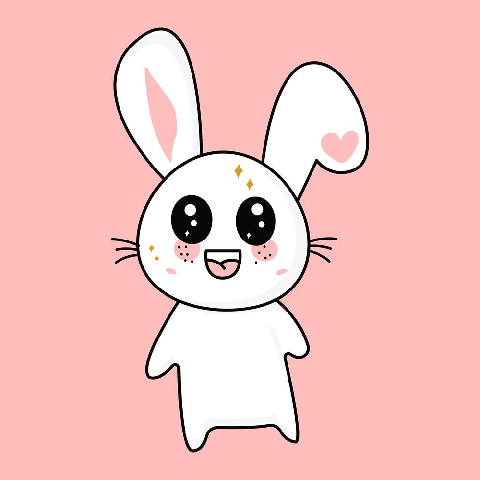 Cute funny kawaii little hare and the inscription wow. Vector flat icon illustration of a character from the kawaii cartoon