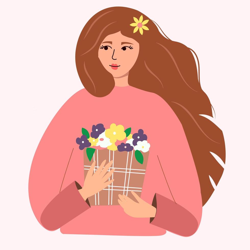 hermosa mujer con una canasta de flores. ilustración vectorial para postal, libro, póster, sitio web vector