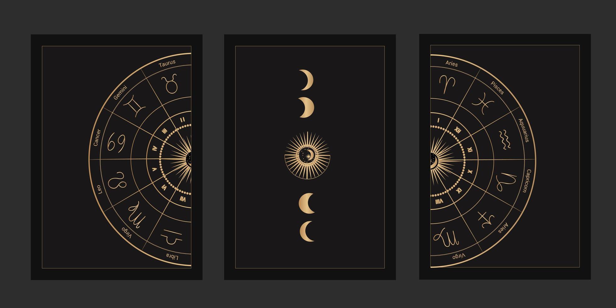 un conjunto de plantillas místicas para cartas de tarot, pancartas, folletos, afiches, folletos, pegatinas. dibujado a mano... la silueta del mapa zodiacal, las estrellas, la luna y el sol. vector