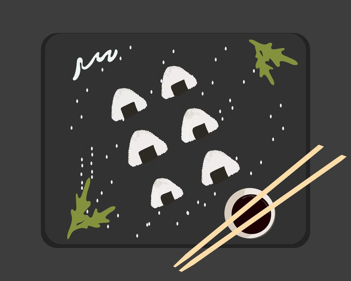 los onigiri están bellamente dispuestos con una vista superior de la salsa sobre un fondo negro. ilustración vectorial de comida japonesa vector