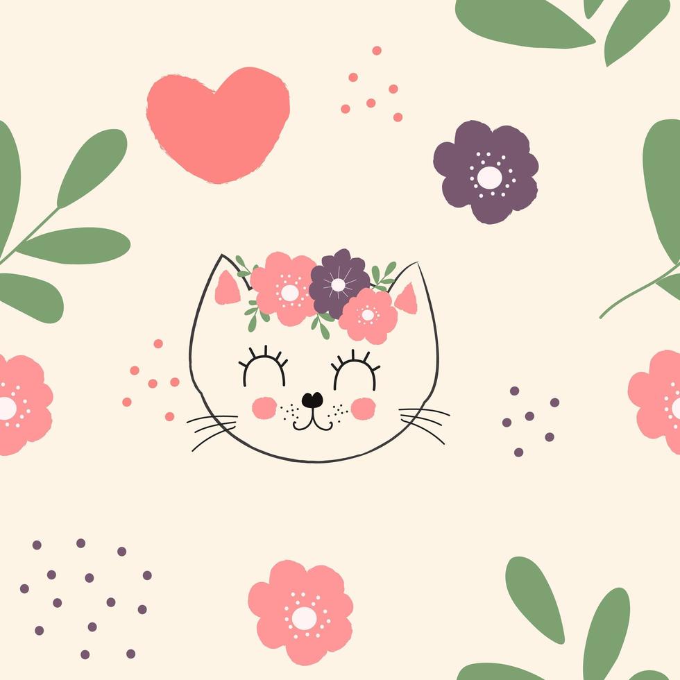 Seamless pattern with cute multicolored kitten, heart and flowers on the background. Creative baby pink texture. Great for vector illustration of fabric, textiles