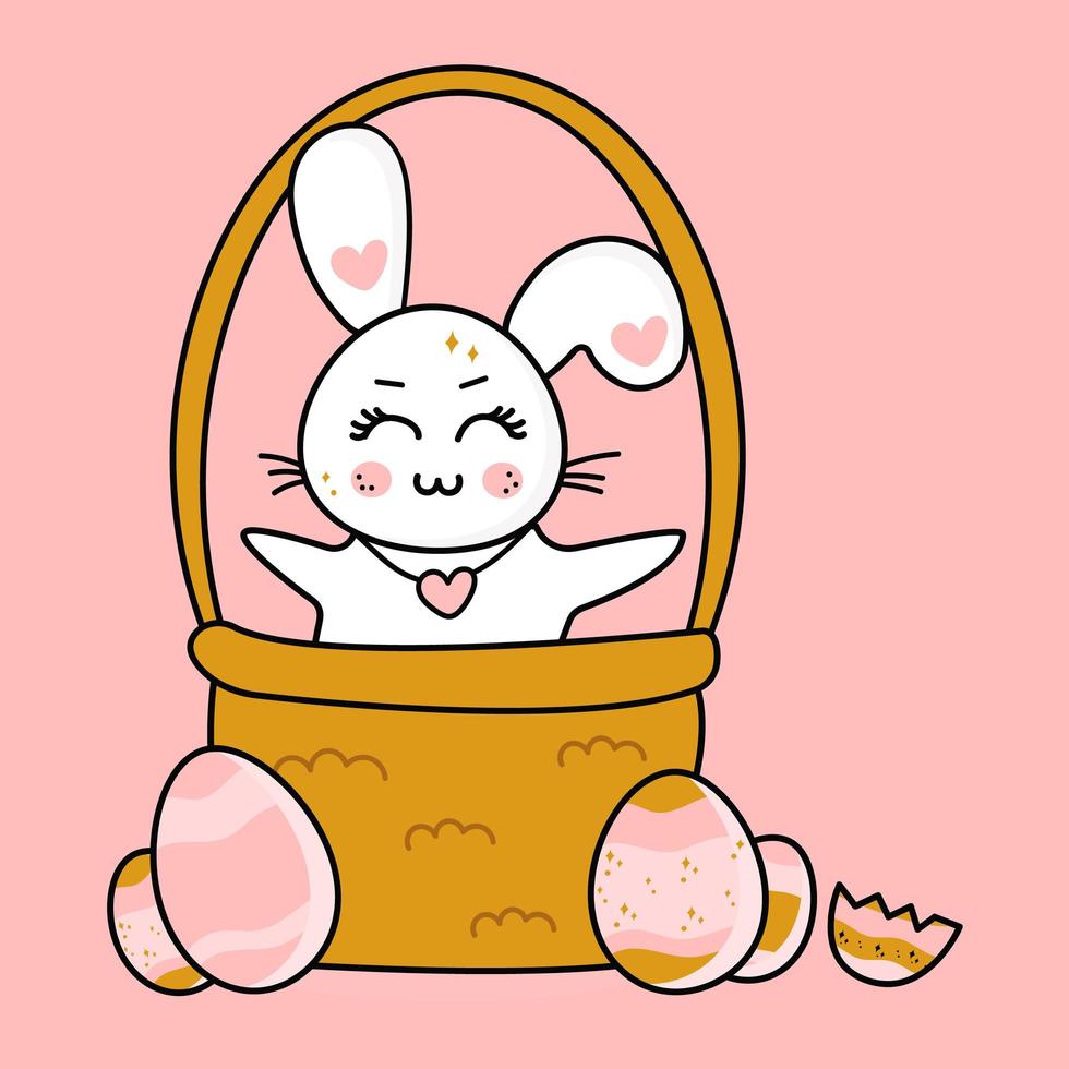conejito de Pascua en estilo de dibujos animados de vector kawaii en una cesta con huevos