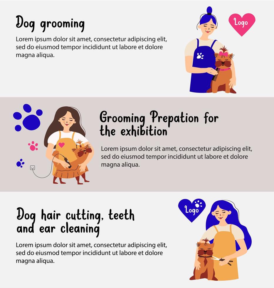 Set of horizontal banners. Pet care. Vet clinic. Grooming. Flat design. Vector illustration