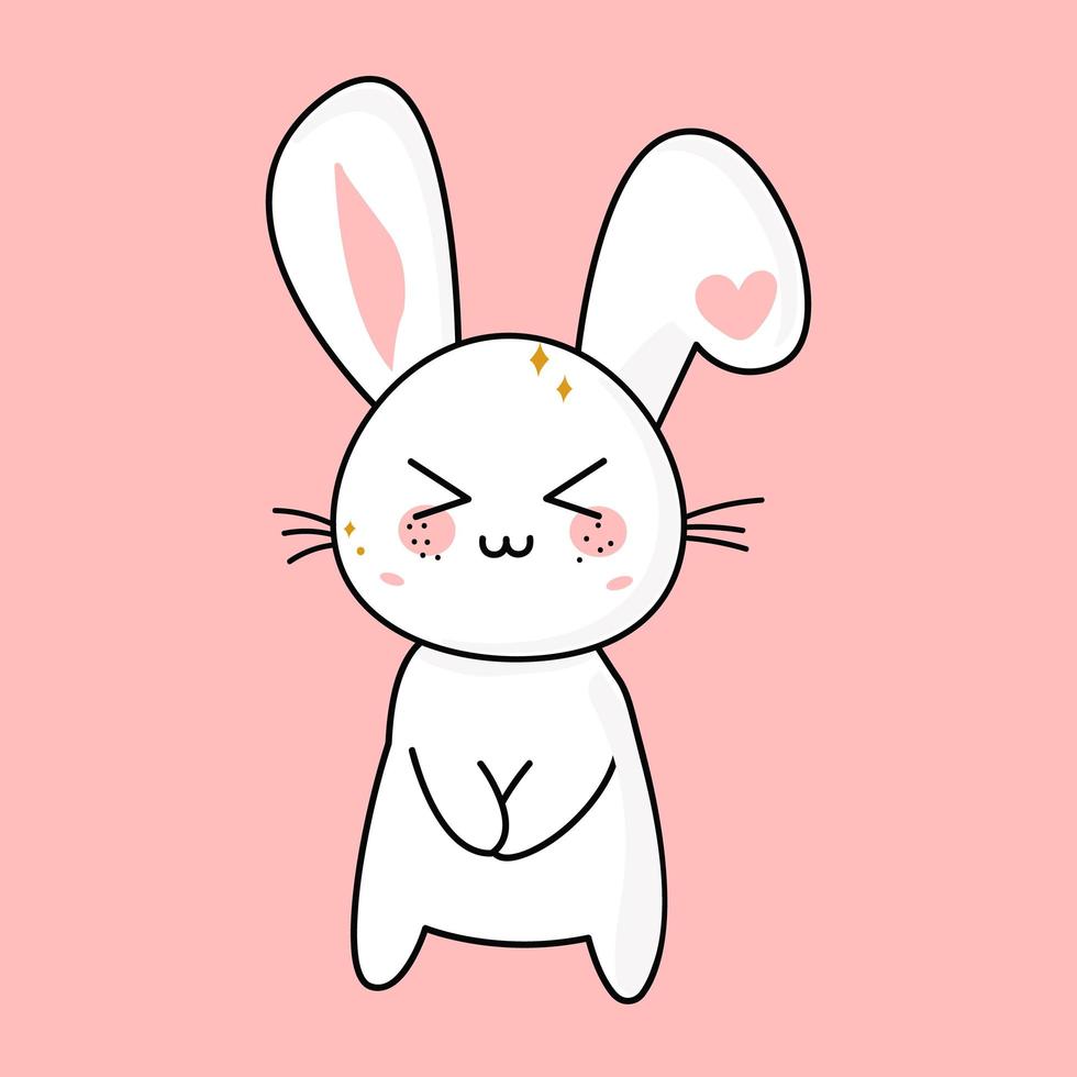 Cute funny kawaii rabbit, squeezed his eyes shut, mascot. Vector flat illustration of a character icon.