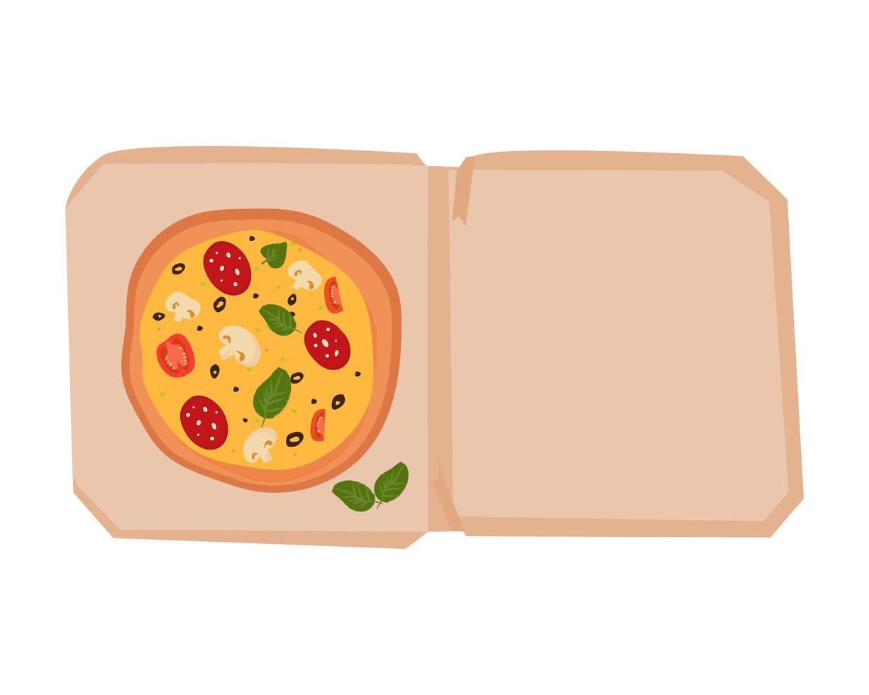 Vector illustration of a hand-drawn vegetarian pizza with cheese, mushrooms, tomatoes and basil in a box on a white background