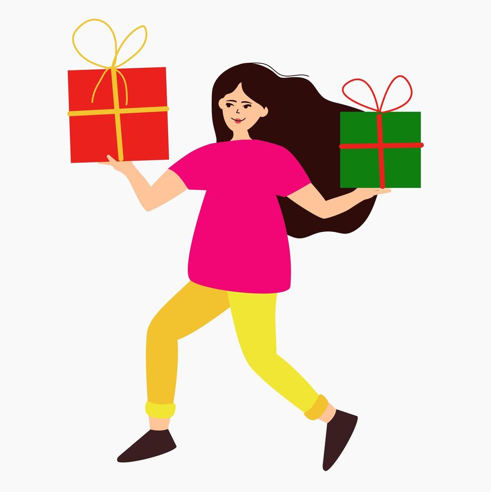 Cartoon young woman received present with love. Girl opens big gift surprise. Vector character illustration