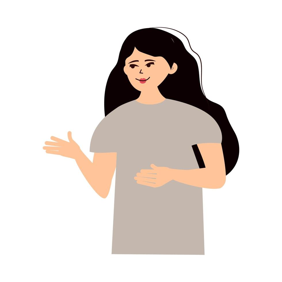 Icon of a woman pointing her finger at something. Simple vector illustration on transparent background. The faceless girl presents an object with a pointing gesture. Flat style. A full-length figure.