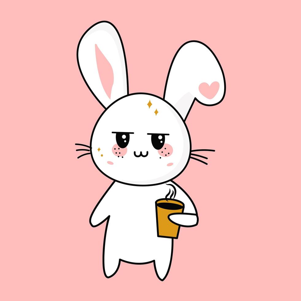 Cute tired kawaii little bunny with a cup of coffee in his hand. Vector flat illustration of a character icon from the kawaii cartoon.