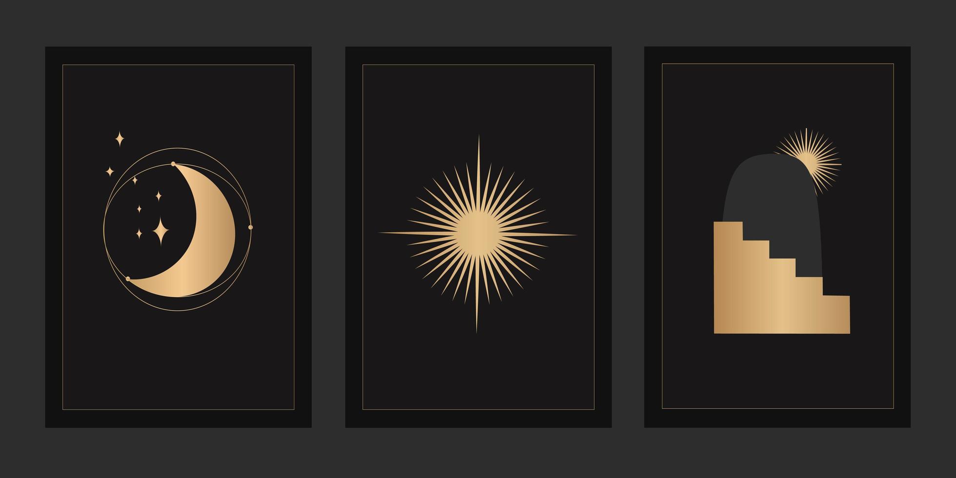 set of mystical templates for tarot cards, banners, leaflets, posters, brochures, stickers. Cards with esoteric symbols. The silhouette of the sun, stars, moon and a corridor with stairs. vector. vector